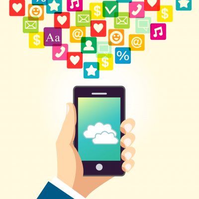 Business hand holding and using smartphone with cloud application and social media icons vector illustration